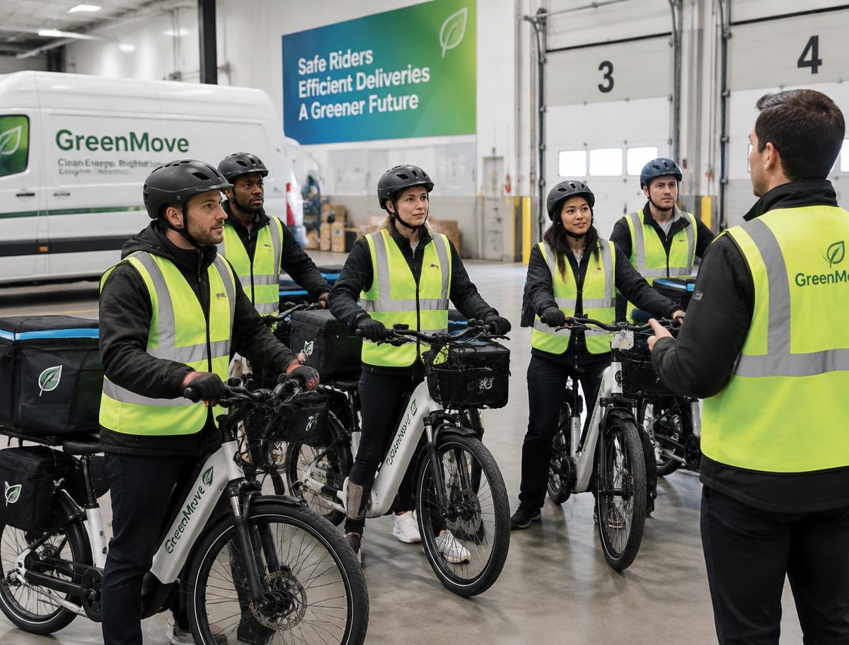 Delivery team in safety vests and helmets receiving e-bike training