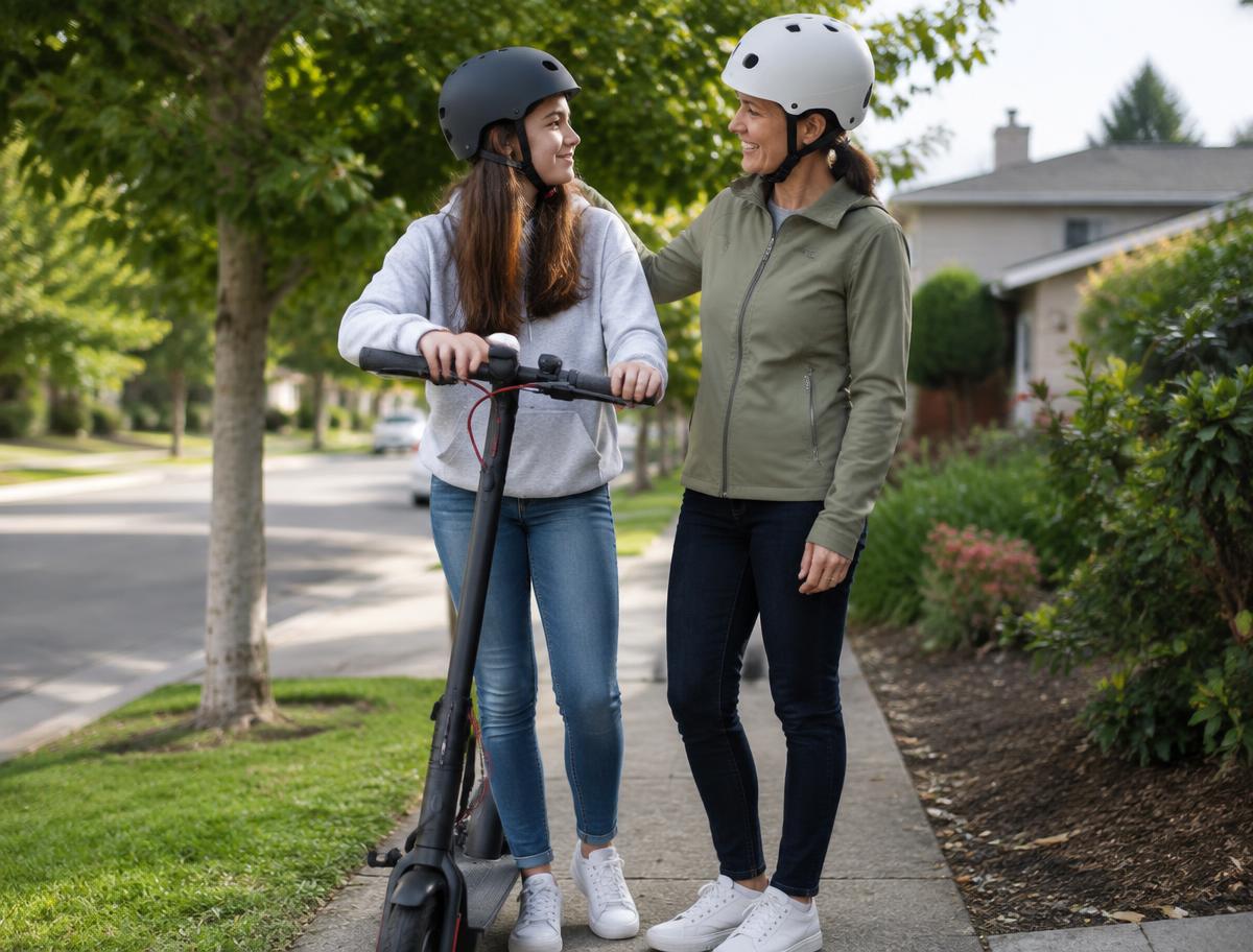 Parent and helmeted teen standing with an electric scooter on a sidewalk