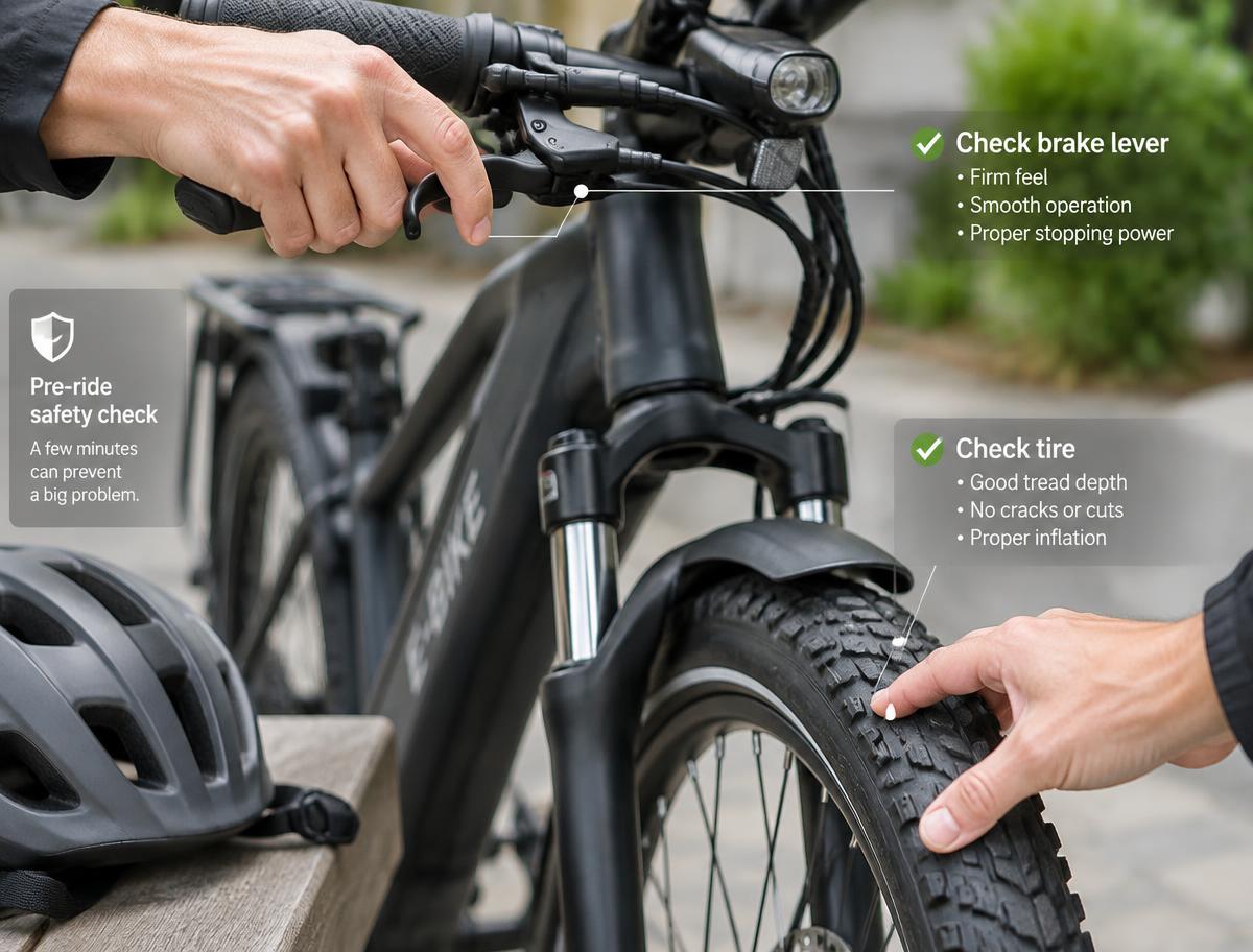 Rider checking brakes and tire pressure during a pre-ride inspection